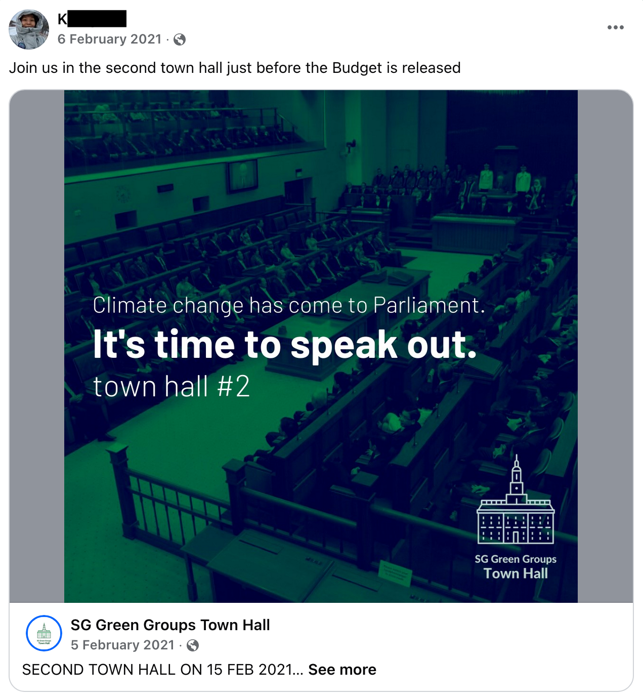 screenshot of post in Climate Media Hub about Singapore Green Groups Town Hall